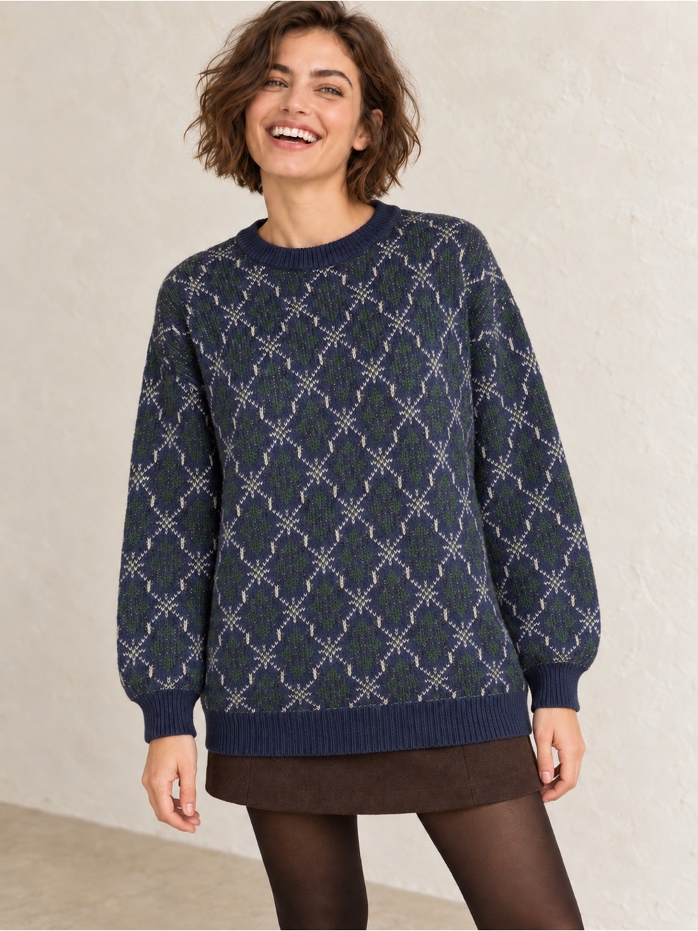 VINTAGE grandpa sweater crew neck knit navy blue green - au2 fisherman core